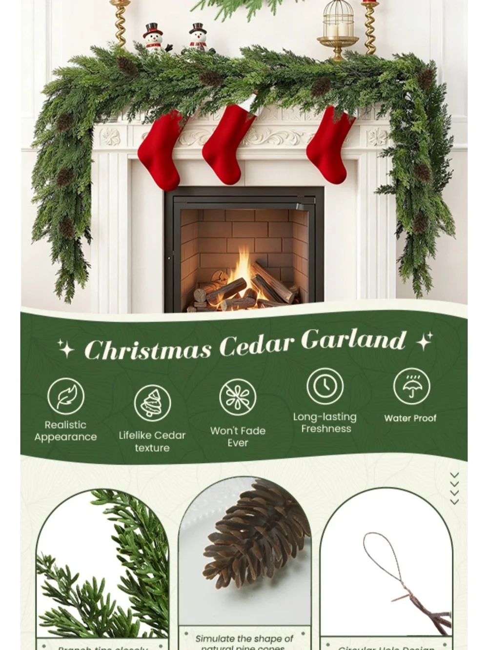Holiday Cedar Pine Garland with Pinecones. 6 Feet. NEW.